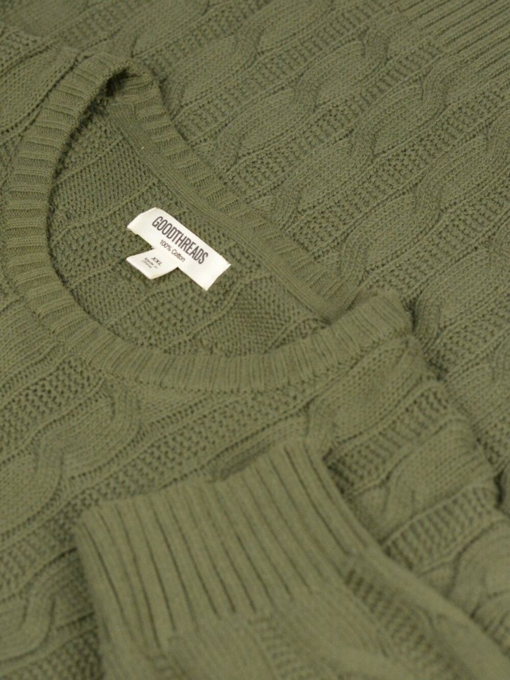 Goodthreads Men 100% Cotton Cable Knit Crewneck Sweater Olive Green XXL